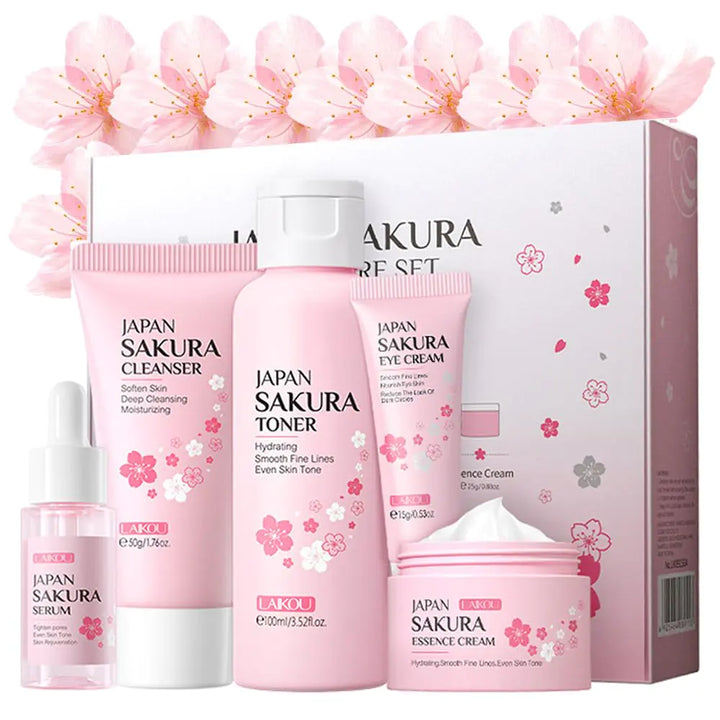 Sakura Skincare Kit for Teenage Girls Women 5Pcs Skin Care Travel Present Set with Cleanser Toner Serum Eye Cream Face Cream